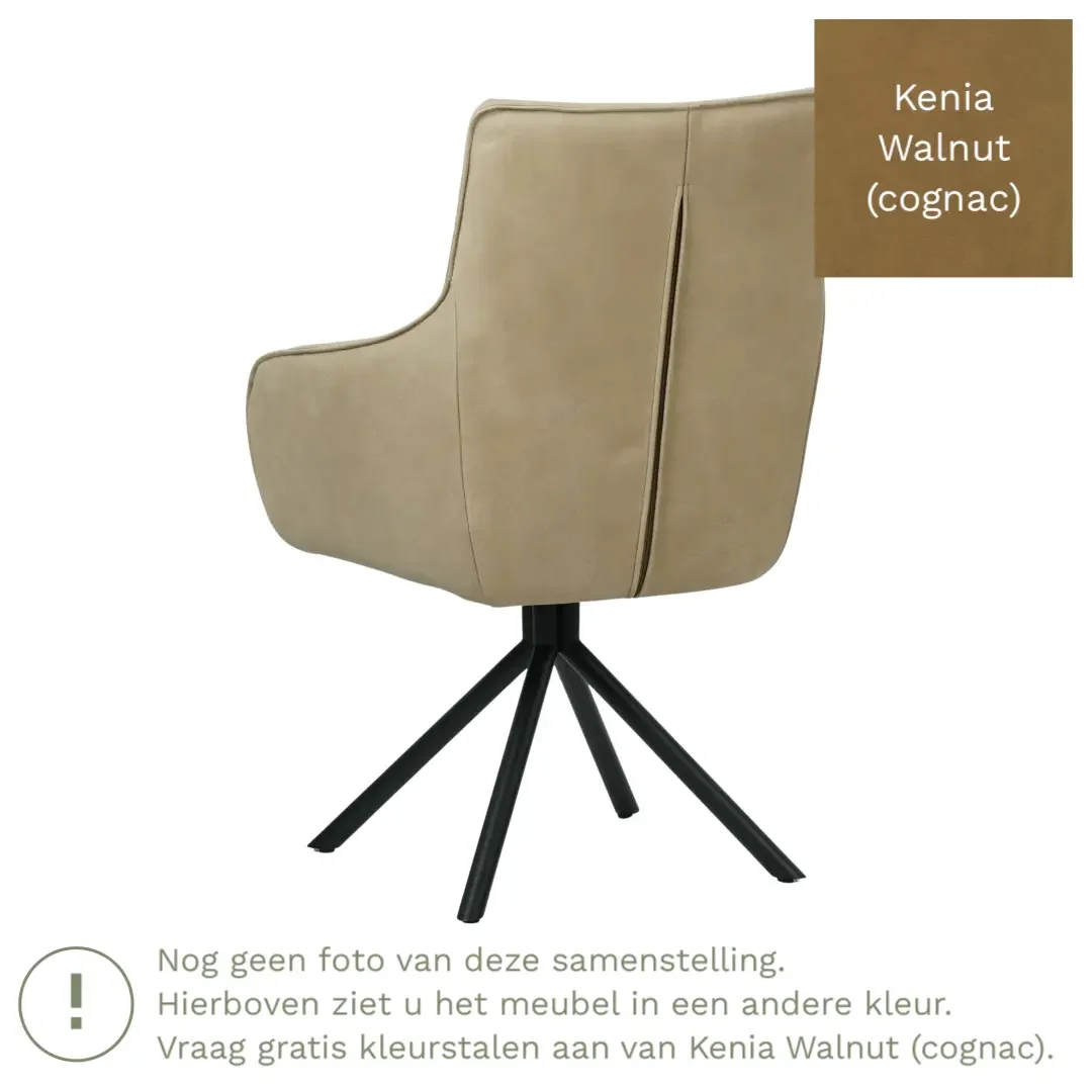 afbeelding van Leren draaibare eetkamerstoel Fancy - Kenia Walnut (cognac) - Spinpoot staal rond zwart