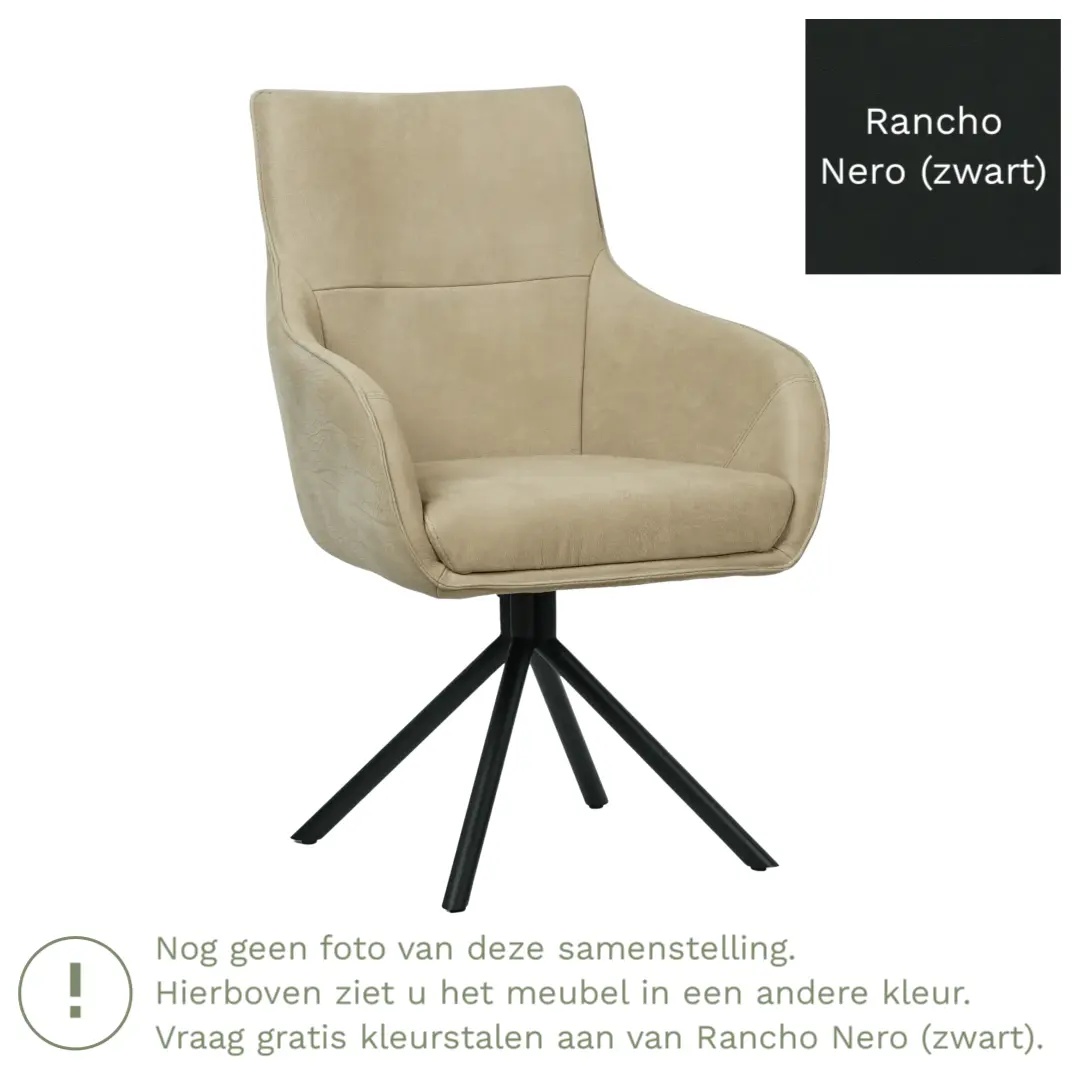afbeelding van Leren draaibare eetkamerstoel Fancy - Rancho Nero (zwart) - Spinpoot staal rond zwart