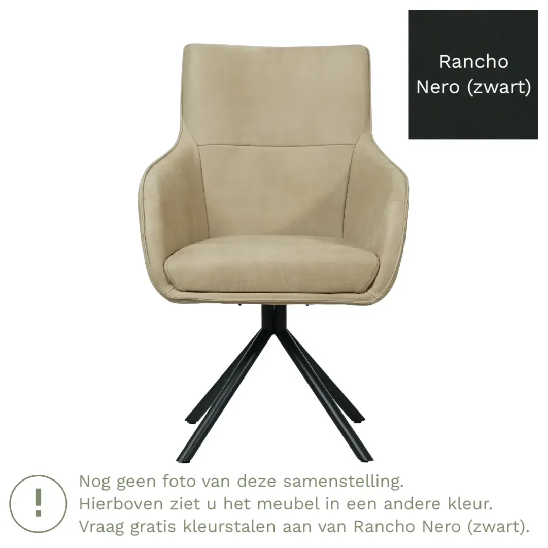 afbeelding van Leren draaibare eetkamerstoel Fancy - Rancho Nero (zwart) - Spinpoot staal rond zwart