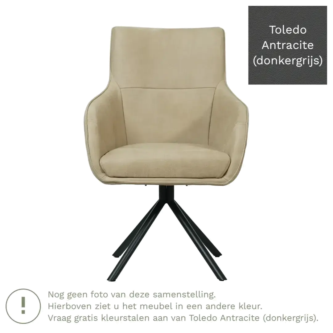 afbeelding van Leren draaibare eetkamerstoel Fancy - Toledo Antracite (donkergrijs) - Spinpoot staal rond zwart
