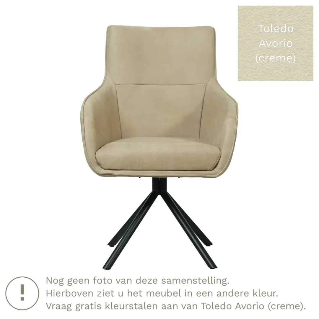 afbeelding van Leren draaibare eetkamerstoel Fancy - Toledo Avorio (crème) - Spinpoot staal rond zwart