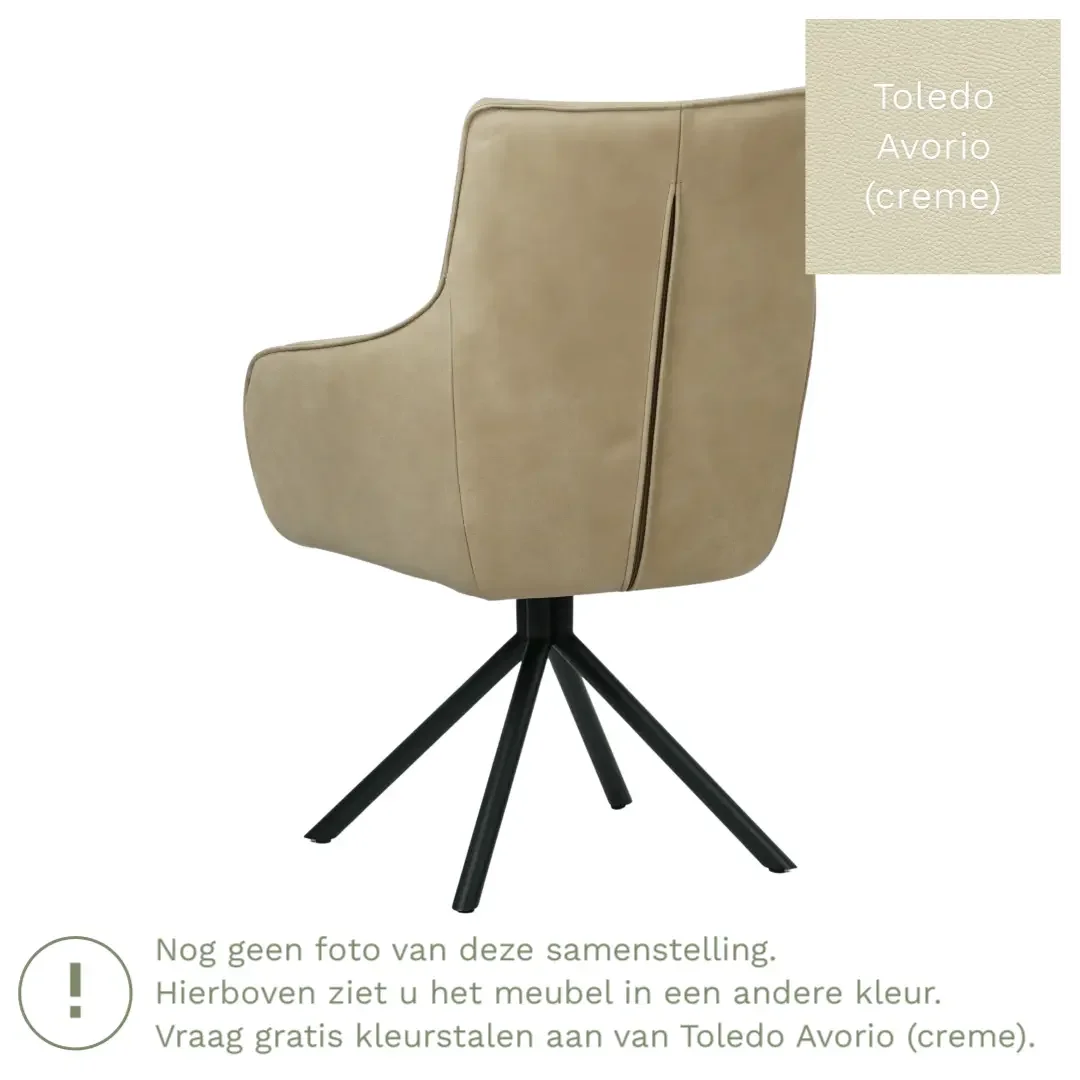 afbeelding van Leren draaibare eetkamerstoel Fancy - Toledo Avorio (crème) - Spinpoot staal rond zwart