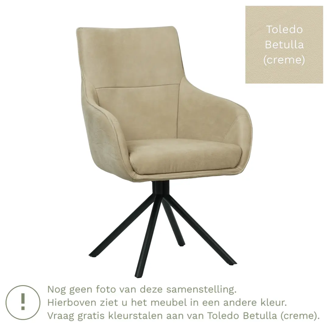 afbeelding van Leren draaibare eetkamerstoel Fancy - Toledo Betulla (crème) - Spinpoot staal rond zwart