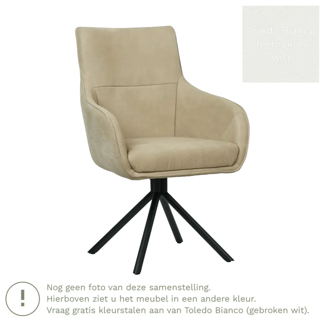 afbeelding van Leren draaibare eetkamerstoel Fancy - Toledo Bianco (gebroken wit) - Spinpoot staal rond zwart
