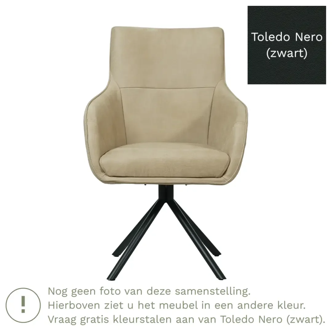 afbeelding van Leren draaibare eetkamerstoel Fancy - Toledo Nero (zwart) - Spinpoot staal rond zwart