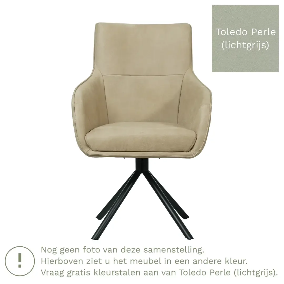 afbeelding van Leren draaibare eetkamerstoel Fancy - Toledo Perle (lichtgrijs) - Spinpoot staal rond zwart