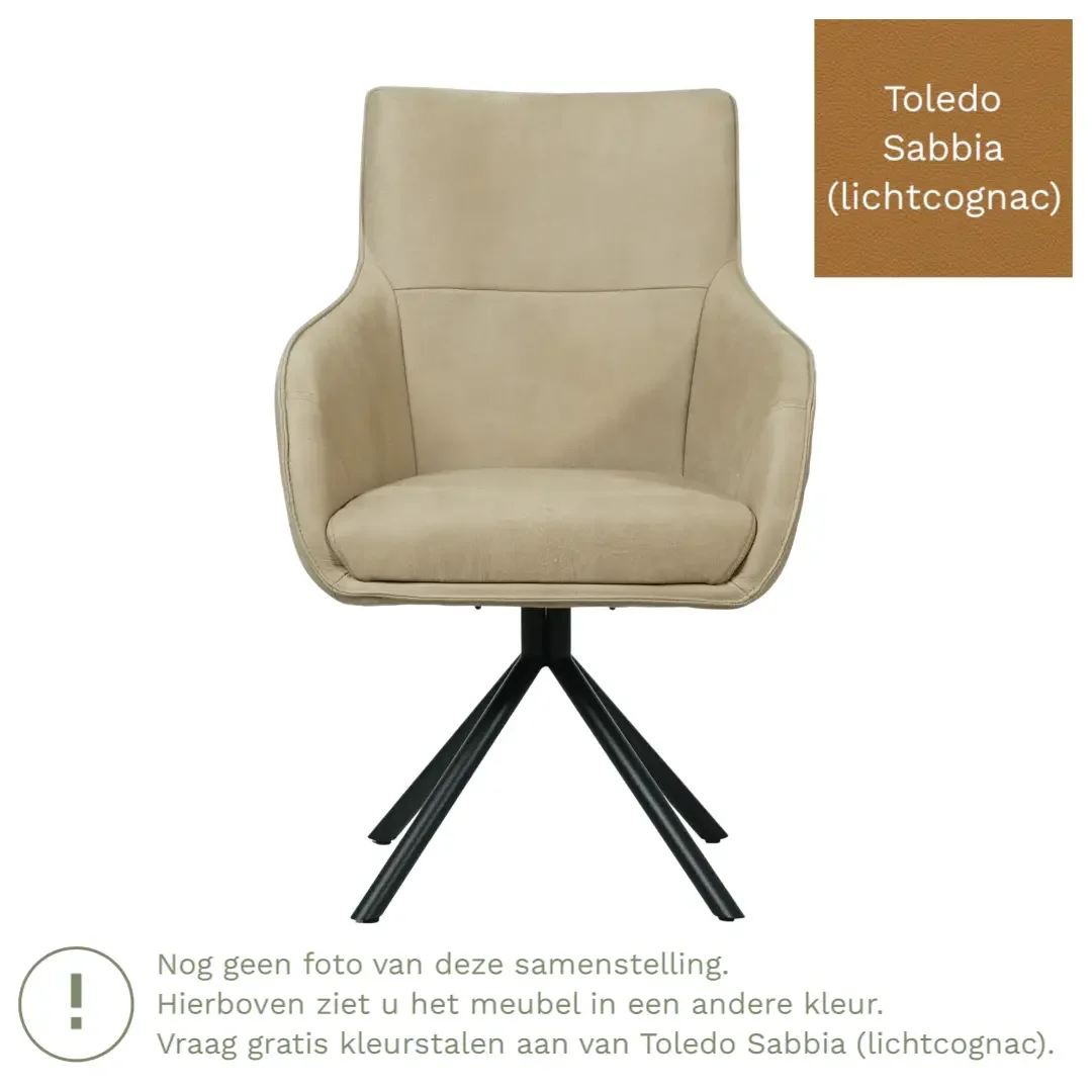 afbeelding van Leren draaibare eetkamerstoel Fancy - Toledo Sabbia (lichtcognac) - Spinpoot staal rond zwart