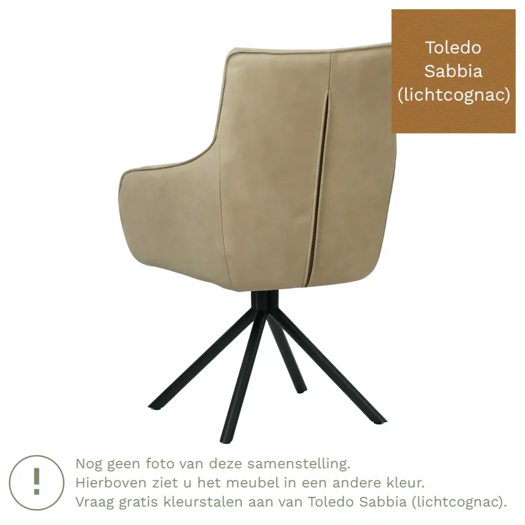 afbeelding van Leren draaibare eetkamerstoel Fancy - Toledo Sabbia (lichtcognac) - Spinpoot staal rond zwart
