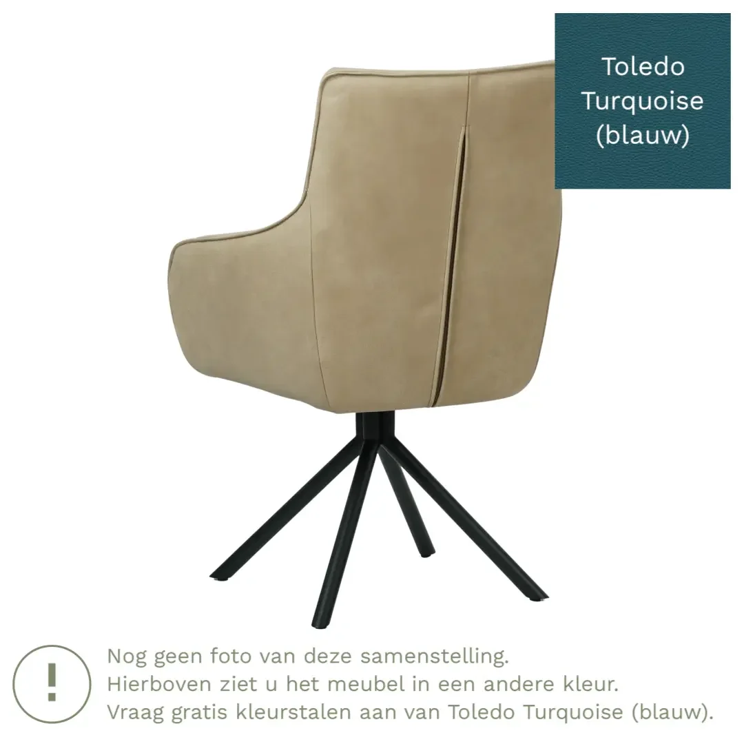 afbeelding van Leren draaibare eetkamerstoel Fancy - Toledo Turquoise (blauw) - Spinpoot staal rond zwart