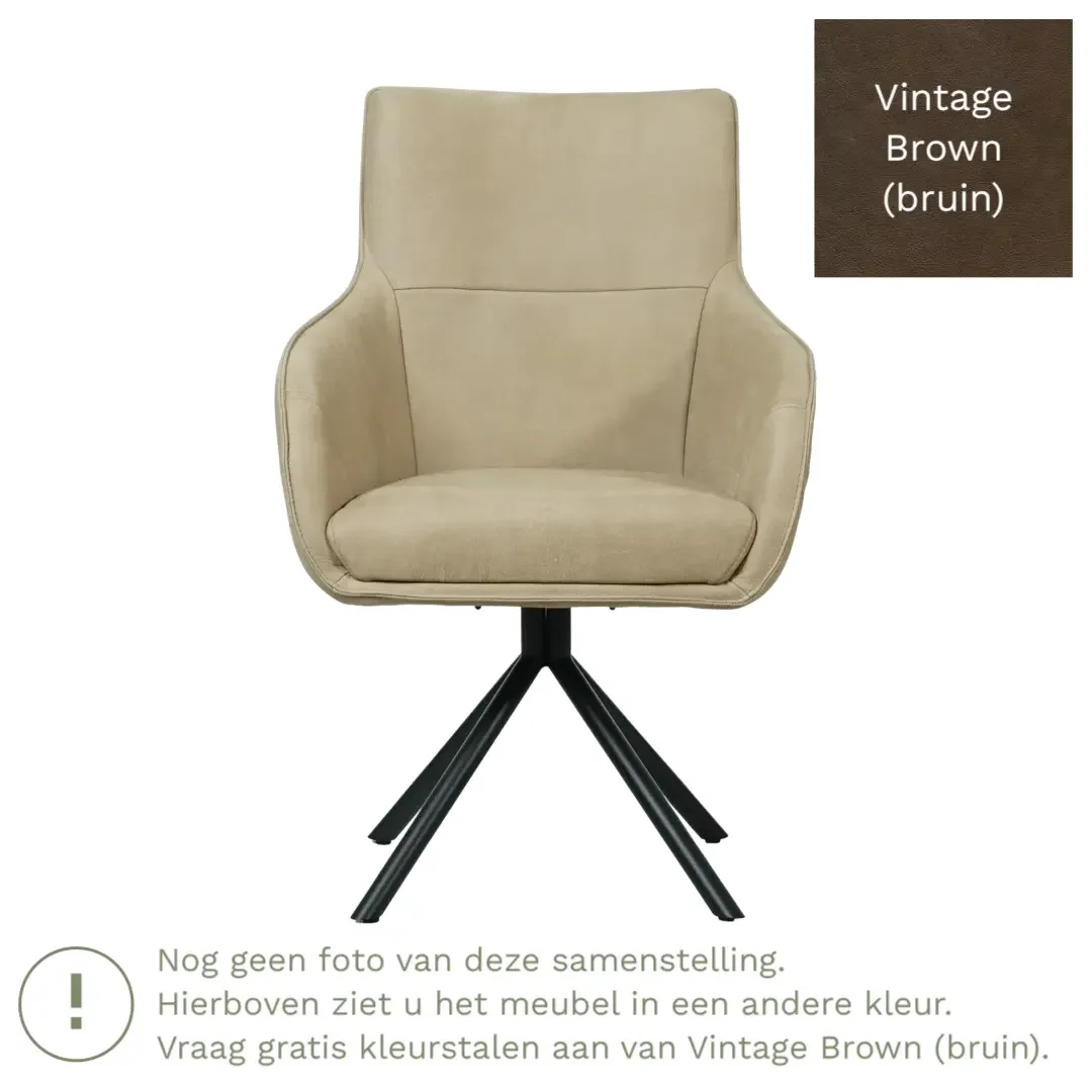 afbeelding van Leren draaibare eetkamerstoel Fancy - Vintage Brown (bruin) - Spinpoot staal rond zwart