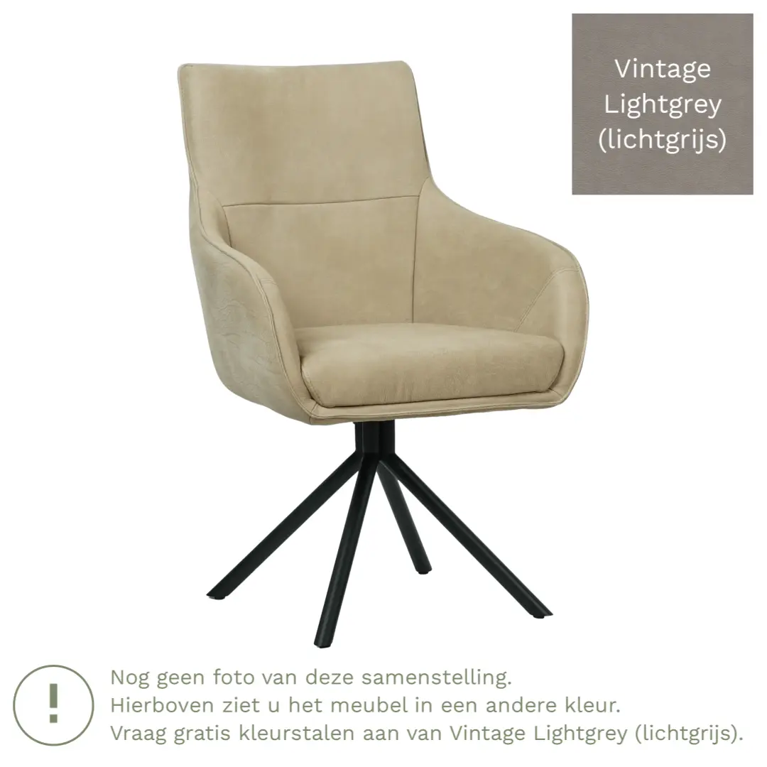 afbeelding van Leren draaibare eetkamerstoel Fancy - Vintage Lightgrey (lichtgrijs) - Spinpoot staal rond zwart