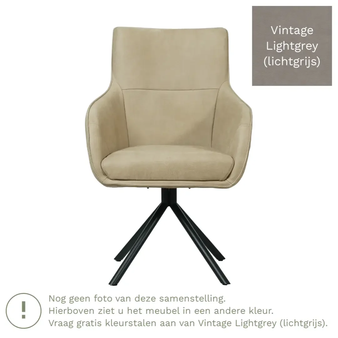 afbeelding van Leren draaibare eetkamerstoel Fancy - Vintage Lightgrey (lichtgrijs) - Spinpoot staal rond zwart