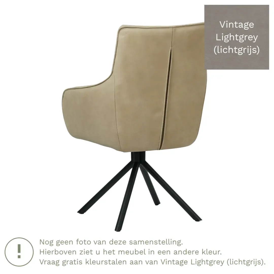 afbeelding van Leren draaibare eetkamerstoel Fancy - Vintage Lightgrey (lichtgrijs) - Spinpoot staal rond zwart