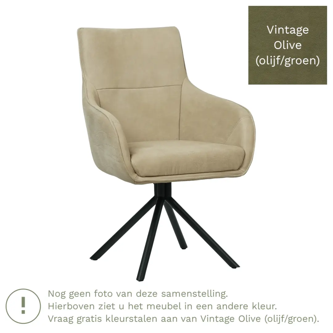 afbeelding van Leren draaibare eetkamerstoel Fancy - Vintage Olive (olijf/groen) - Spinpoot staal rond zwart
