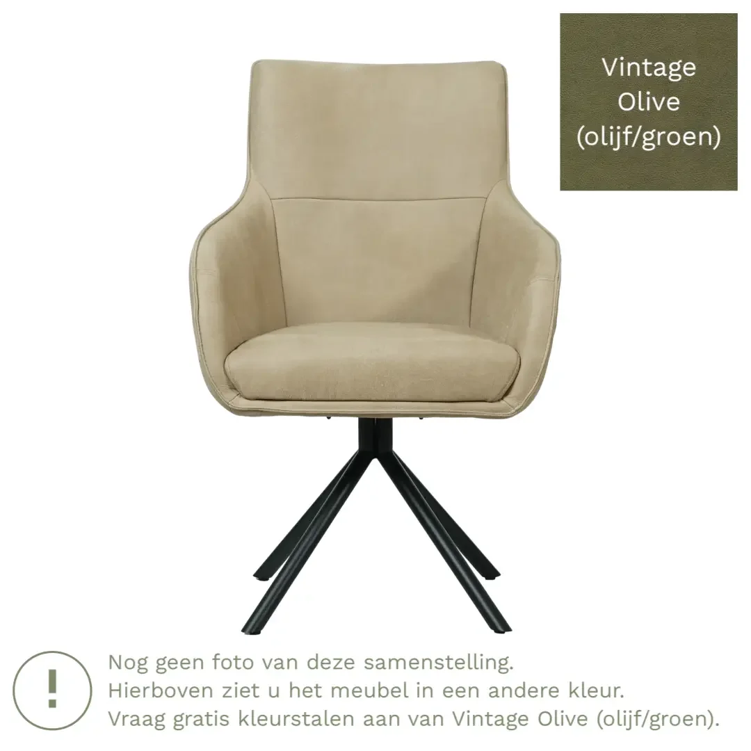 afbeelding van Leren draaibare eetkamerstoel Fancy - Vintage Olive (olijf/groen) - Spinpoot staal rond zwart
