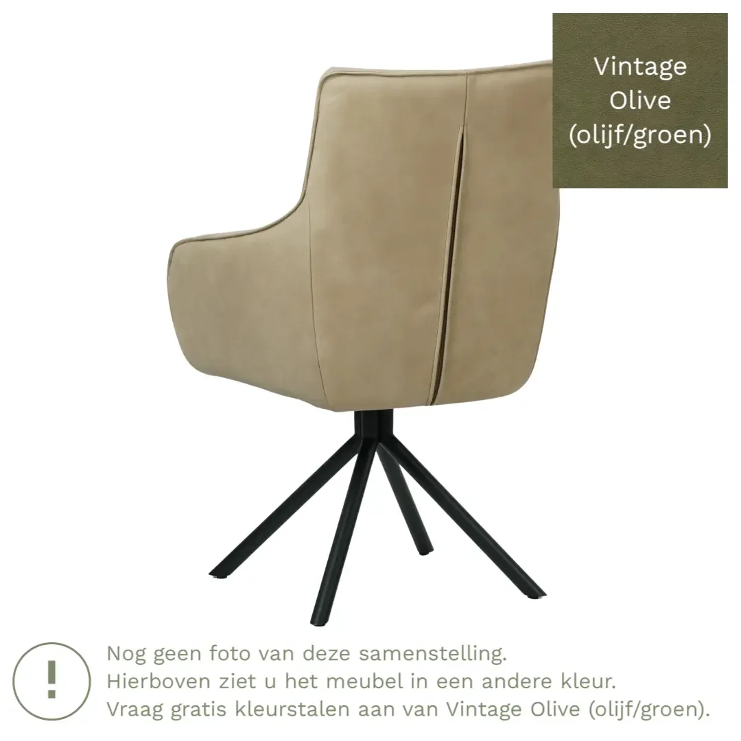 afbeelding van Leren draaibare eetkamerstoel Fancy - Vintage Olive (olijf/groen) - Spinpoot staal rond zwart