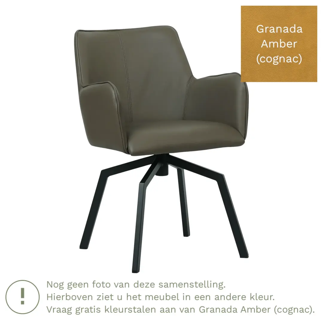 afbeelding van Leren draaibare eetkamerstoel Jazz - Granada Amber (cognac) - Spinpoot staal vierkant zwart