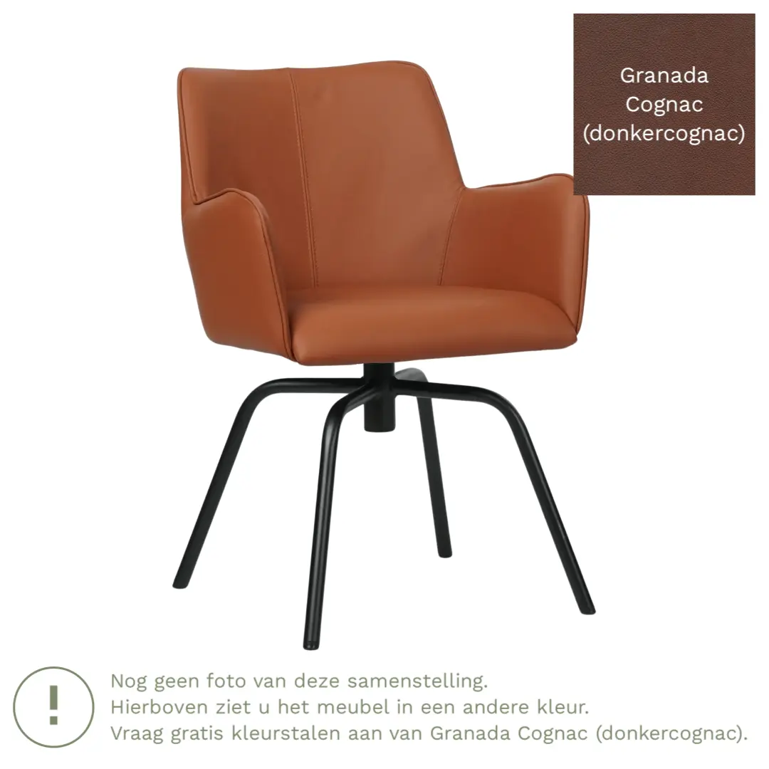 afbeelding van Leren draaibare eetkamerstoel Jazz - Granada Cognac (donkercognac) - Spinpoot staal rond zwart