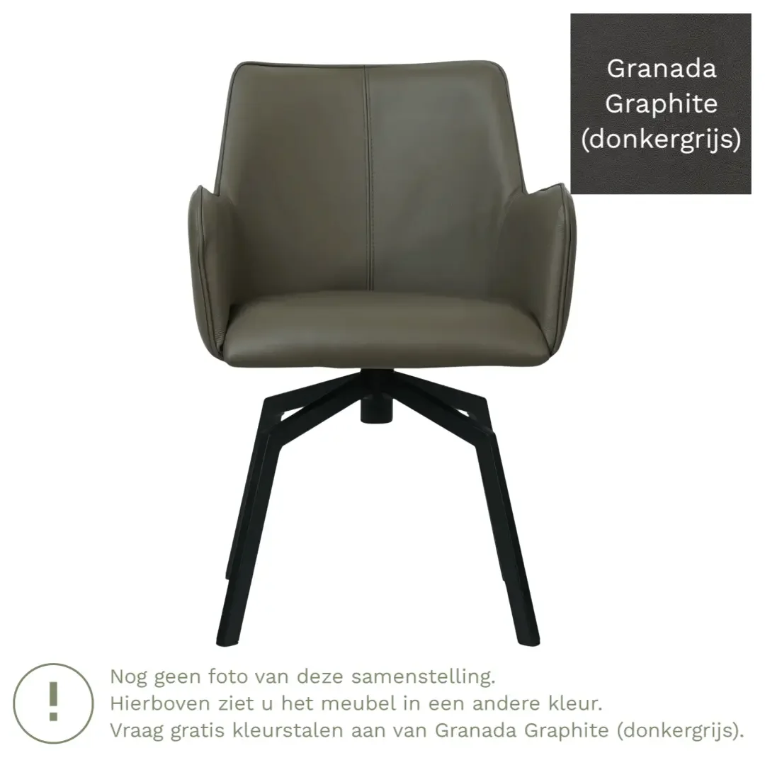 afbeelding van Leren draaibare eetkamerstoel Jazz - Granada Graphite (donkergrijs) - Spinpoot staal vierkant zwart