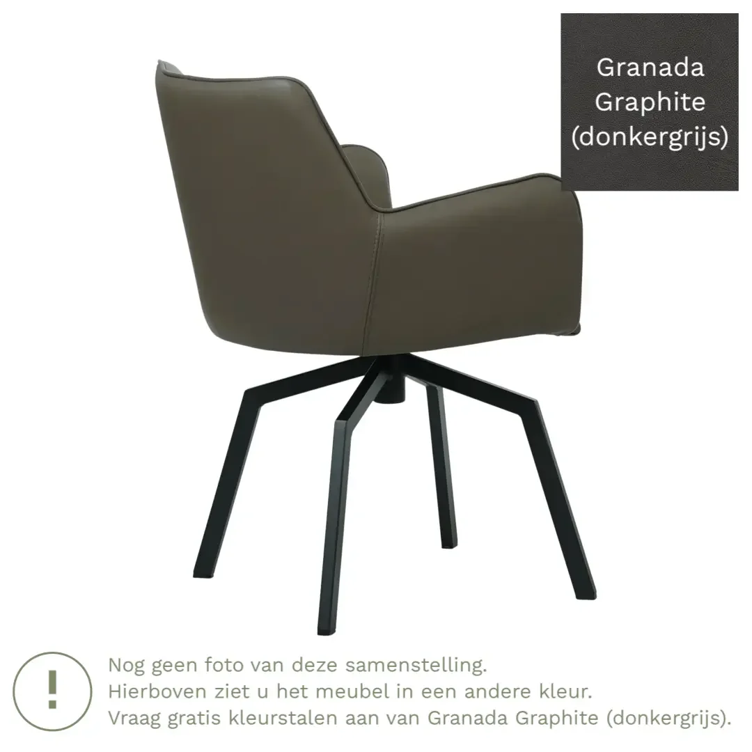 afbeelding van Leren draaibare eetkamerstoel Jazz - Granada Graphite (donkergrijs) - Spinpoot staal vierkant zwart