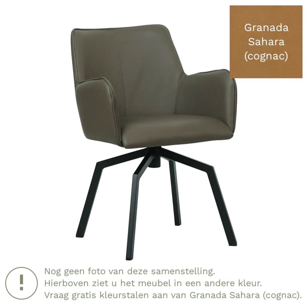 afbeelding van Leren draaibare eetkamerstoel Jazz - Granada Sahara (cognac) - Spinpoot staal vierkant zwart
