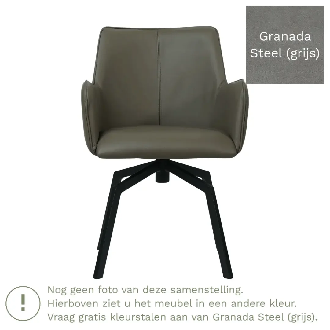 afbeelding van Leren draaibare eetkamerstoel Jazz - Granada Steel (grijs) - Spinpoot staal vierkant zwart