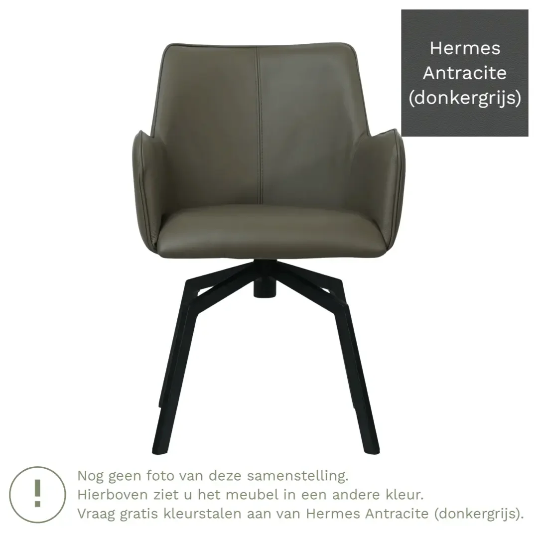 afbeelding van Leren draaibare eetkamerstoel Jazz - Hermes Antracite (donkergrijs) - Spinpoot staal vierkant zwart
