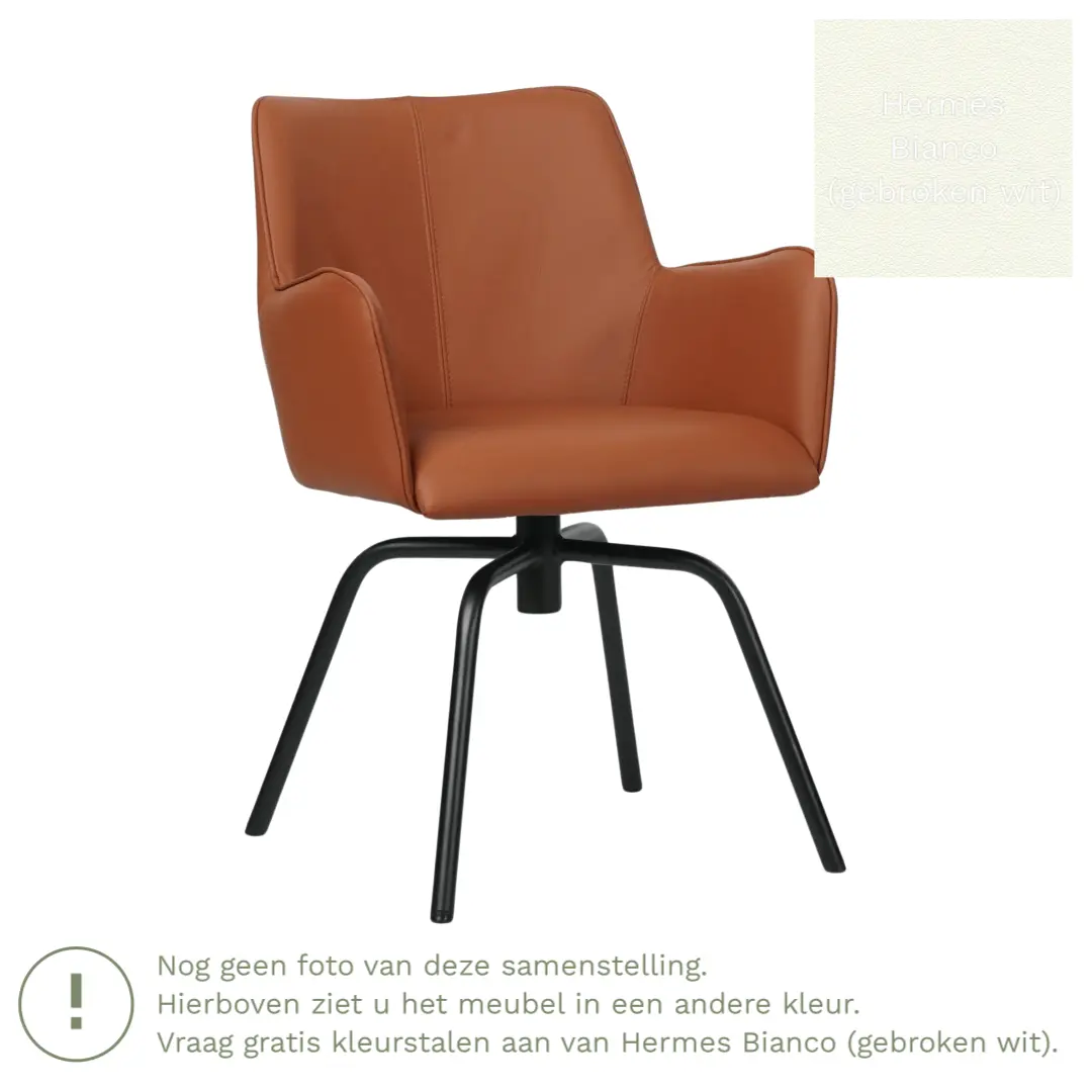 afbeelding van Leren draaibare eetkamerstoel Jazz - Hermes Bianco (gebroken wit) - Spinpoot staal rond zwart
