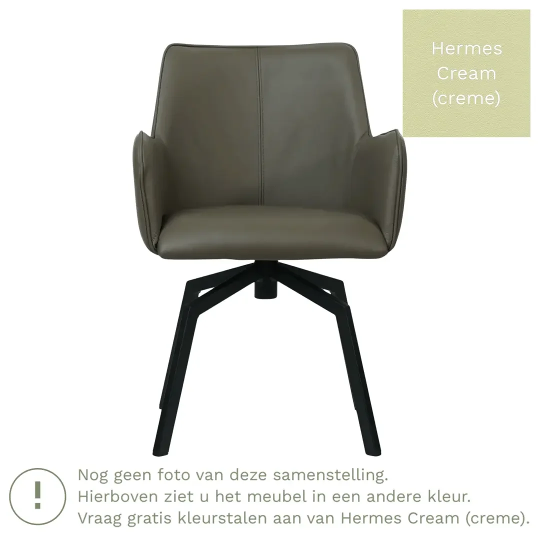 afbeelding van Leren draaibare eetkamerstoel Jazz - Hermes Cream (crème) - Spinpoot staal vierkant zwart