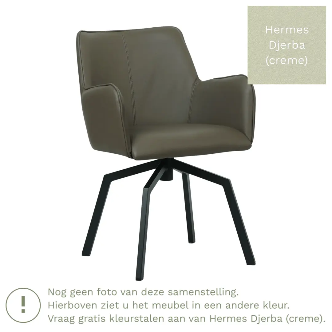 afbeelding van Leren draaibare eetkamerstoel Jazz - Hermes Djerba (crème) - Spinpoot staal vierkant zwart