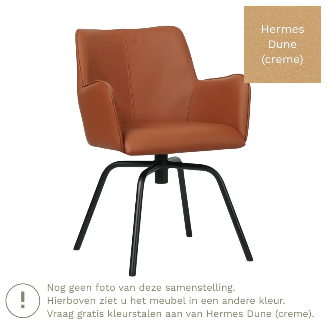 afbeelding van Leren draaibare eetkamerstoel Jazz - Hermes Dune (crème) - Spinpoot staal rond zwart