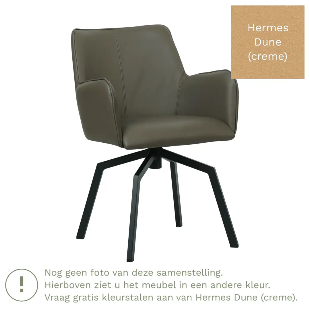 afbeelding van Leren draaibare eetkamerstoel Jazz - Hermes Dune (crème) - Spinpoot staal vierkant zwart