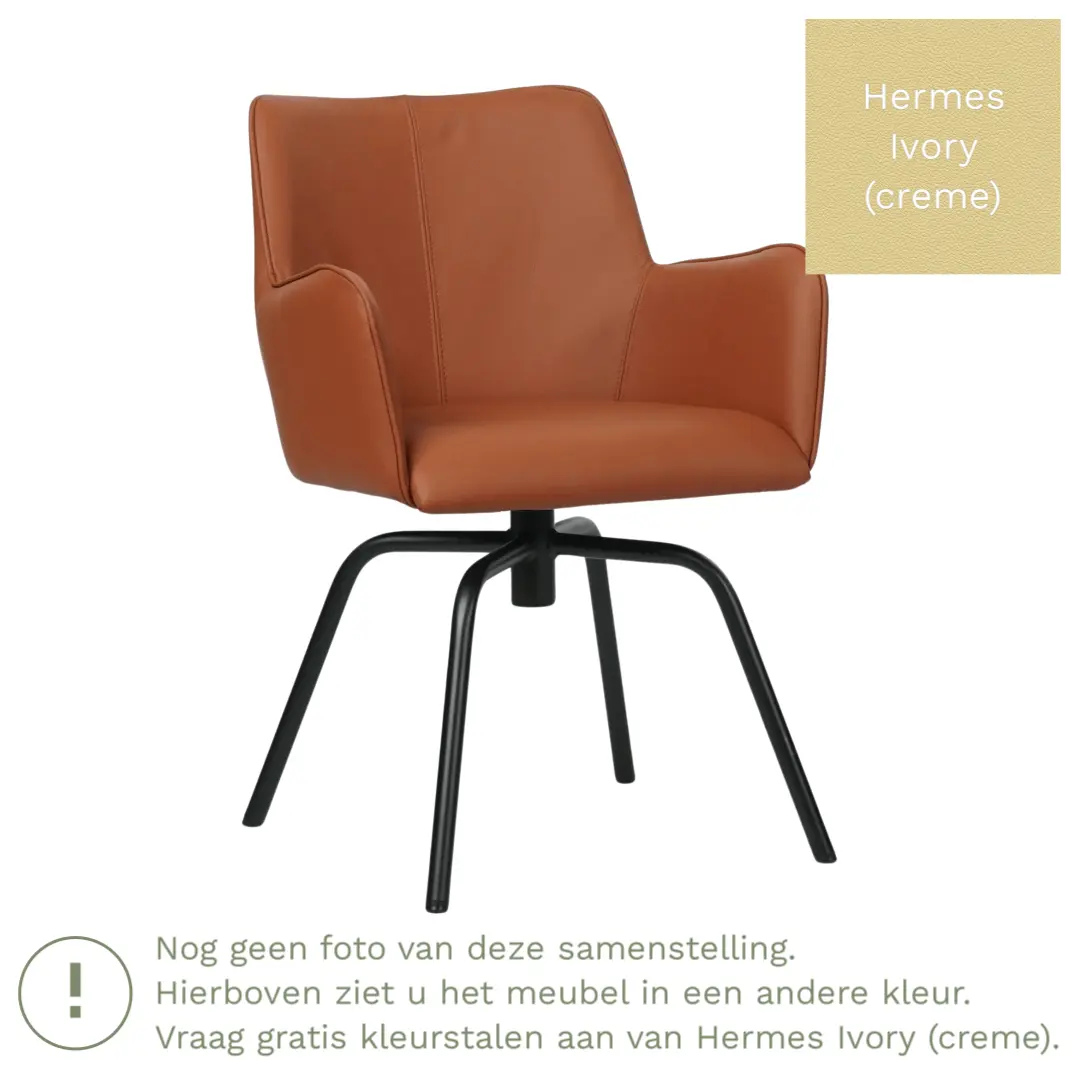 afbeelding van Leren draaibare eetkamerstoel Jazz - Hermes Ivory (crème) - Spinpoot staal rond zwart