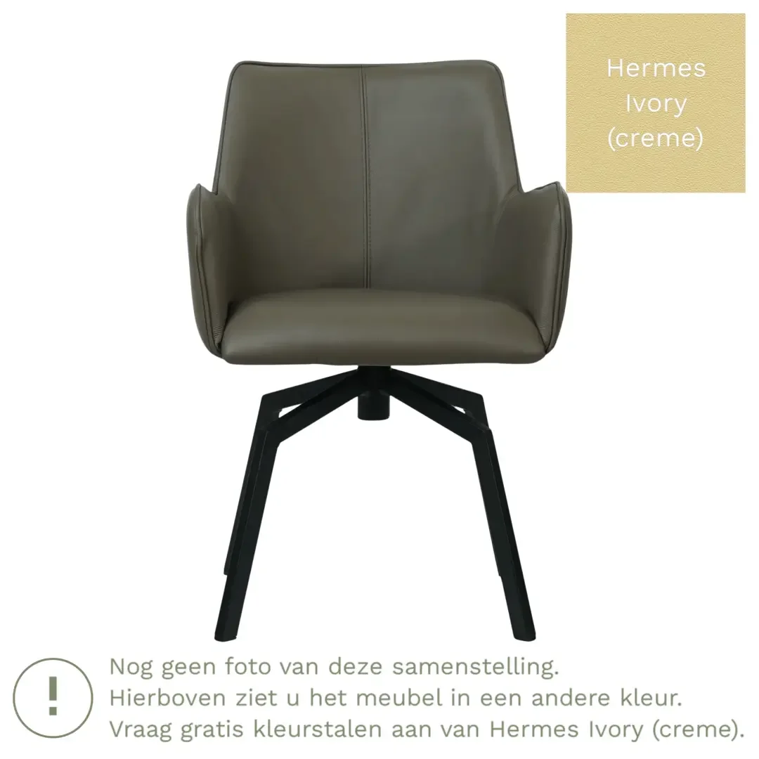 afbeelding van Leren draaibare eetkamerstoel Jazz - Hermes Ivory (crème) - Spinpoot staal vierkant zwart