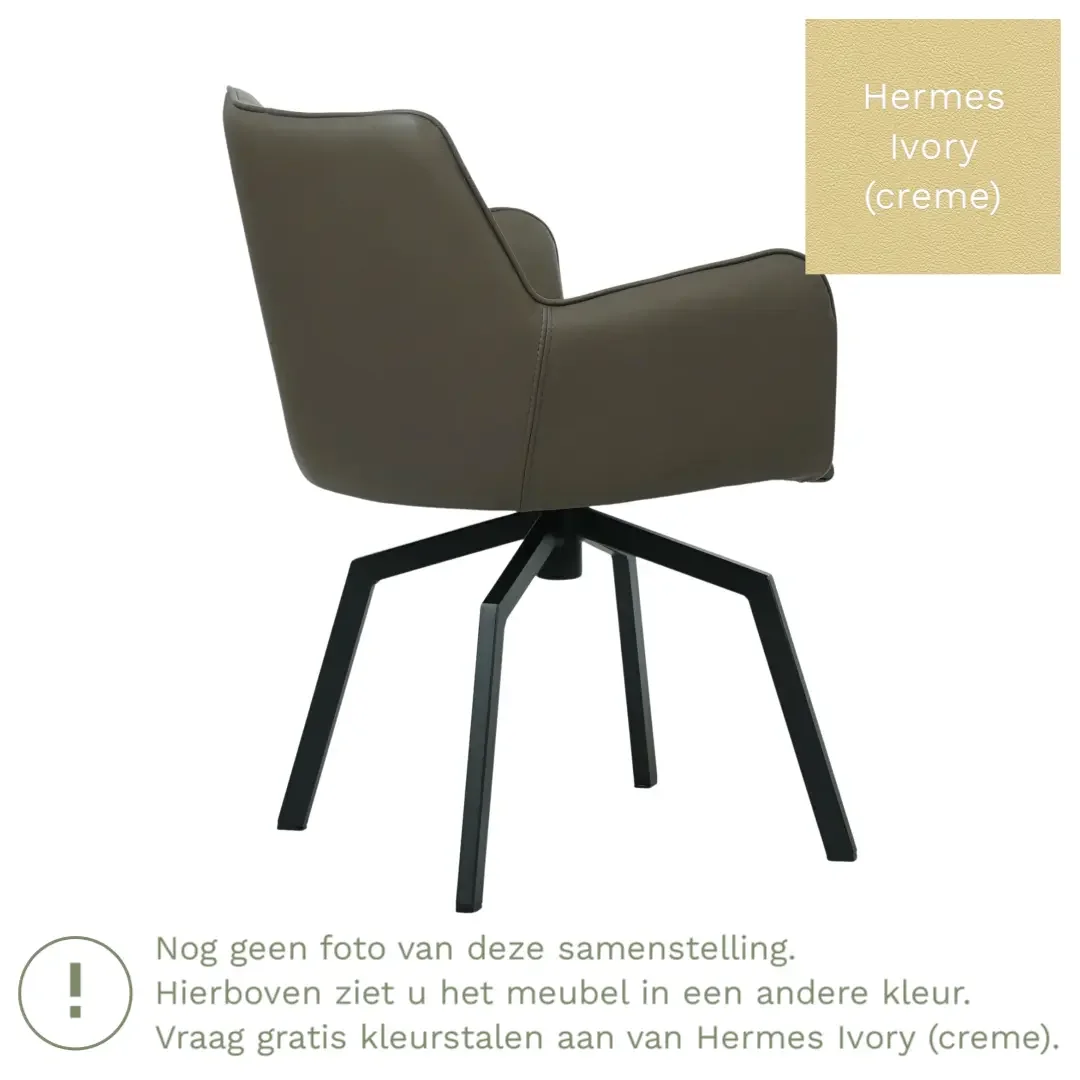 afbeelding van Leren draaibare eetkamerstoel Jazz - Hermes Ivory (crème) - Spinpoot staal vierkant zwart