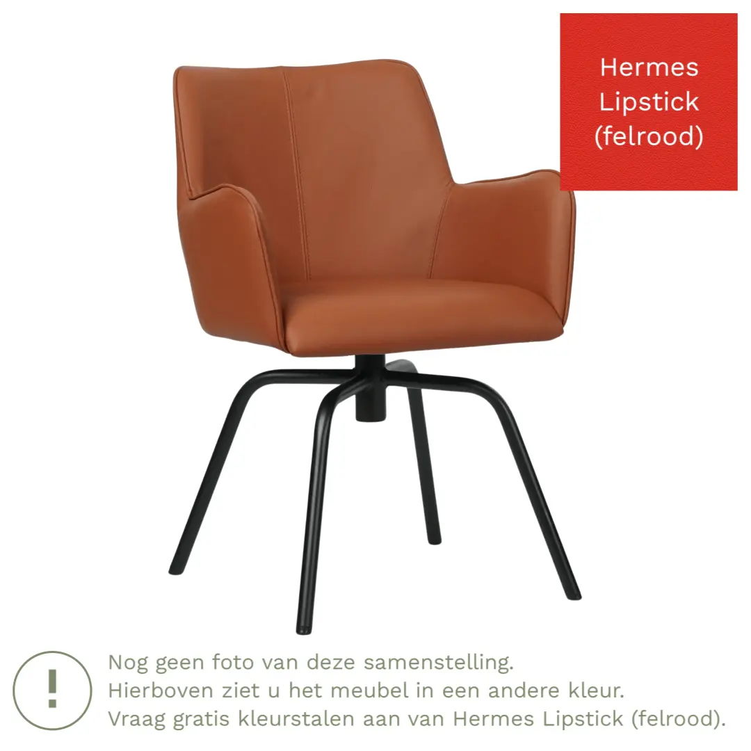 afbeelding van Leren draaibare eetkamerstoel Jazz - Hermes Lipstick (felrood) - Spinpoot staal rond zwart