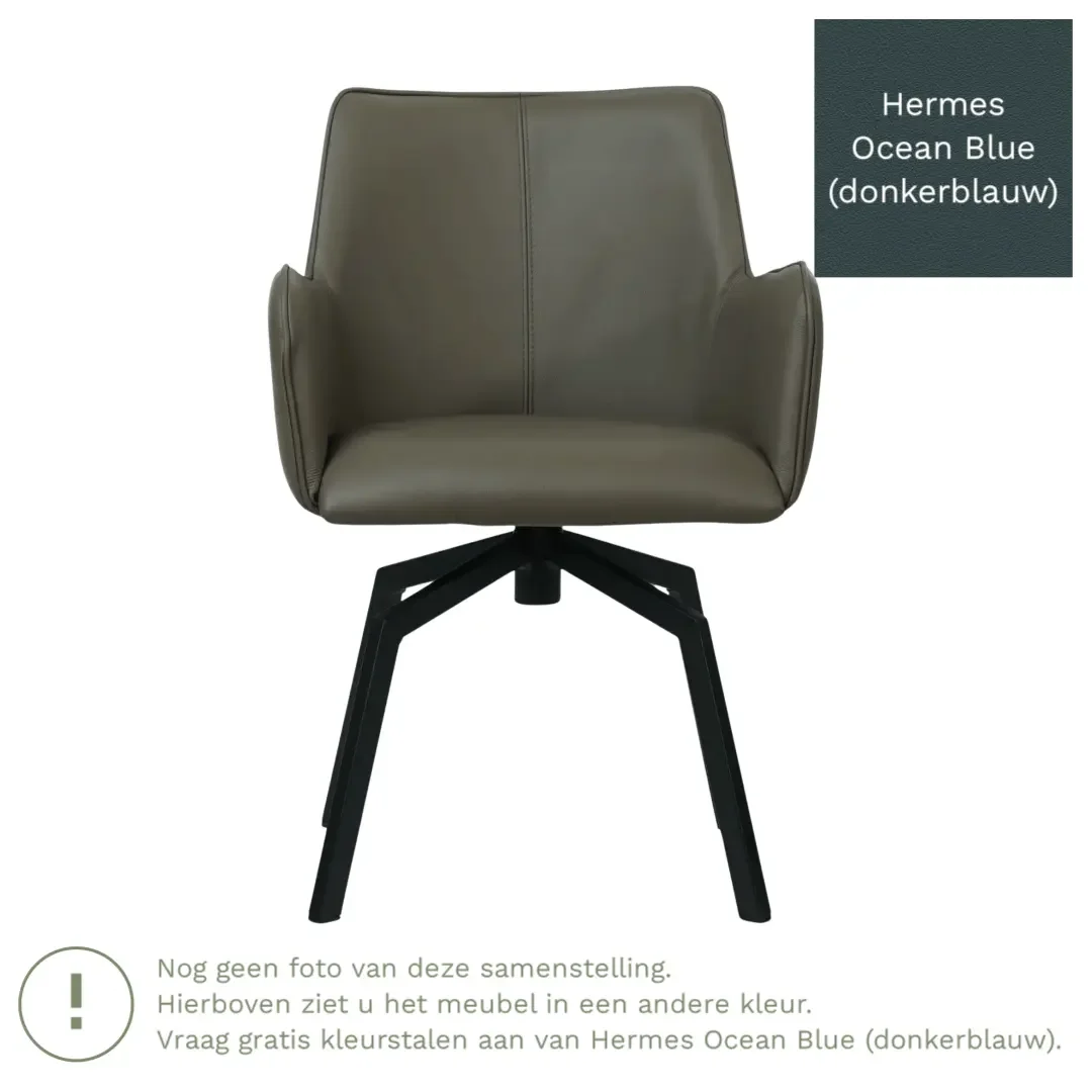 afbeelding van Leren draaibare eetkamerstoel Jazz - Hermes Ocean Blue (donkerblauw) - Spinpoot staal vierkant zwart