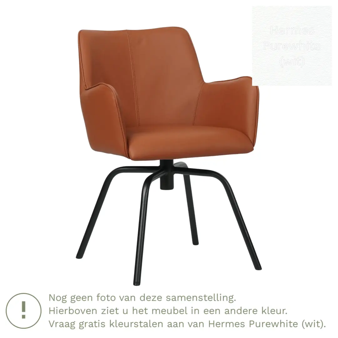 afbeelding van Leren draaibare eetkamerstoel Jazz - Hermes Purewhite (wit) - Spinpoot staal rond zwart