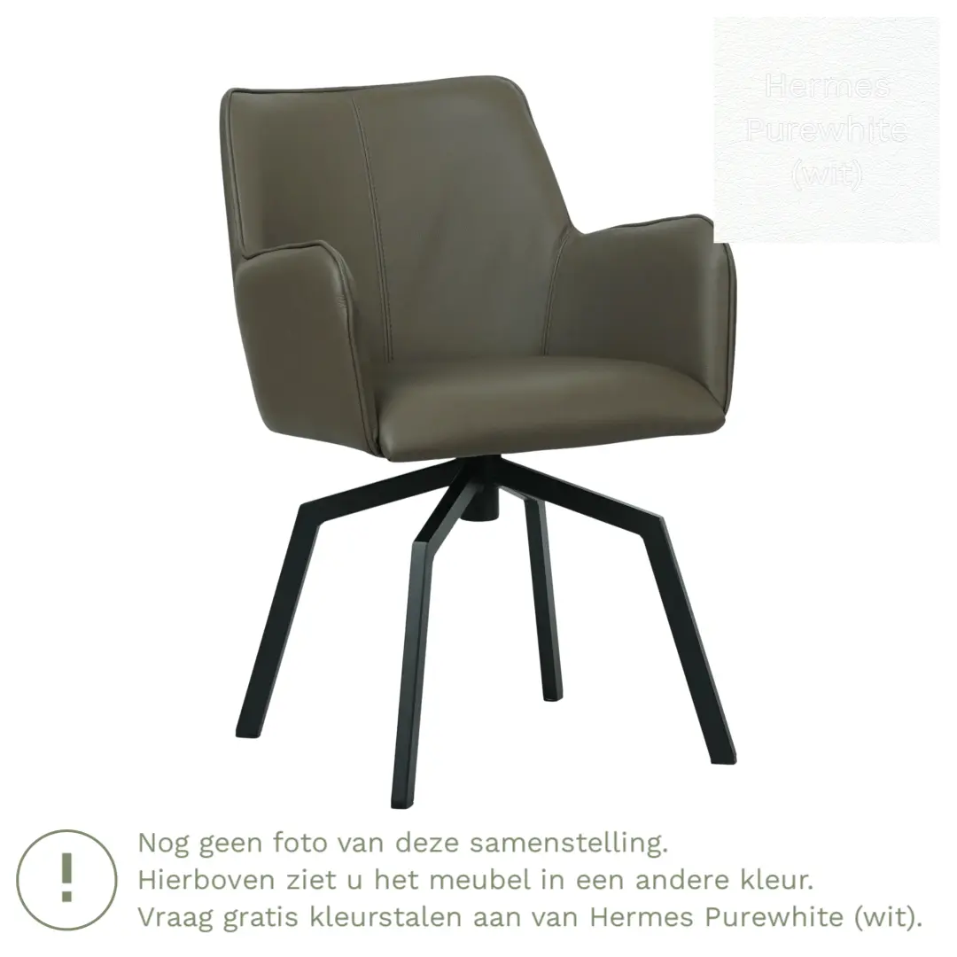 afbeelding van Leren draaibare eetkamerstoel Jazz - Hermes Purewhite (wit) - Spinpoot staal vierkant zwart