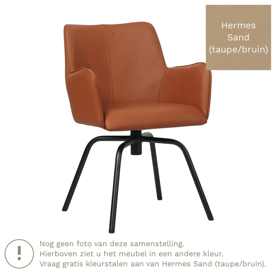 afbeelding van Leren draaibare eetkamerstoel Jazz - Hermes Sand (taupe/bruin) - Spinpoot staal rond zwart
