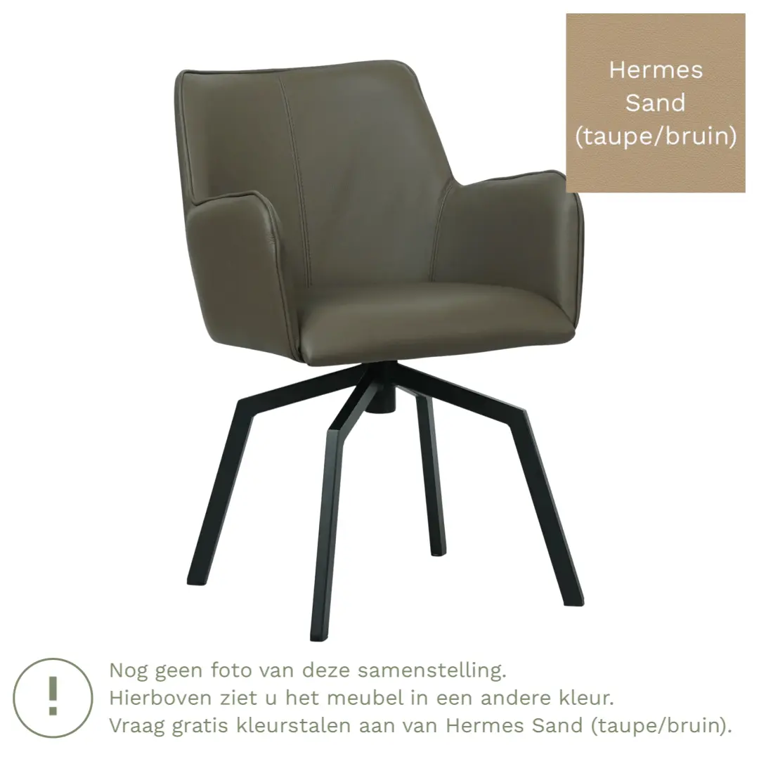 afbeelding van Leren draaibare eetkamerstoel Jazz - Hermes Sand (taupe/bruin) - Spinpoot staal vierkant zwart