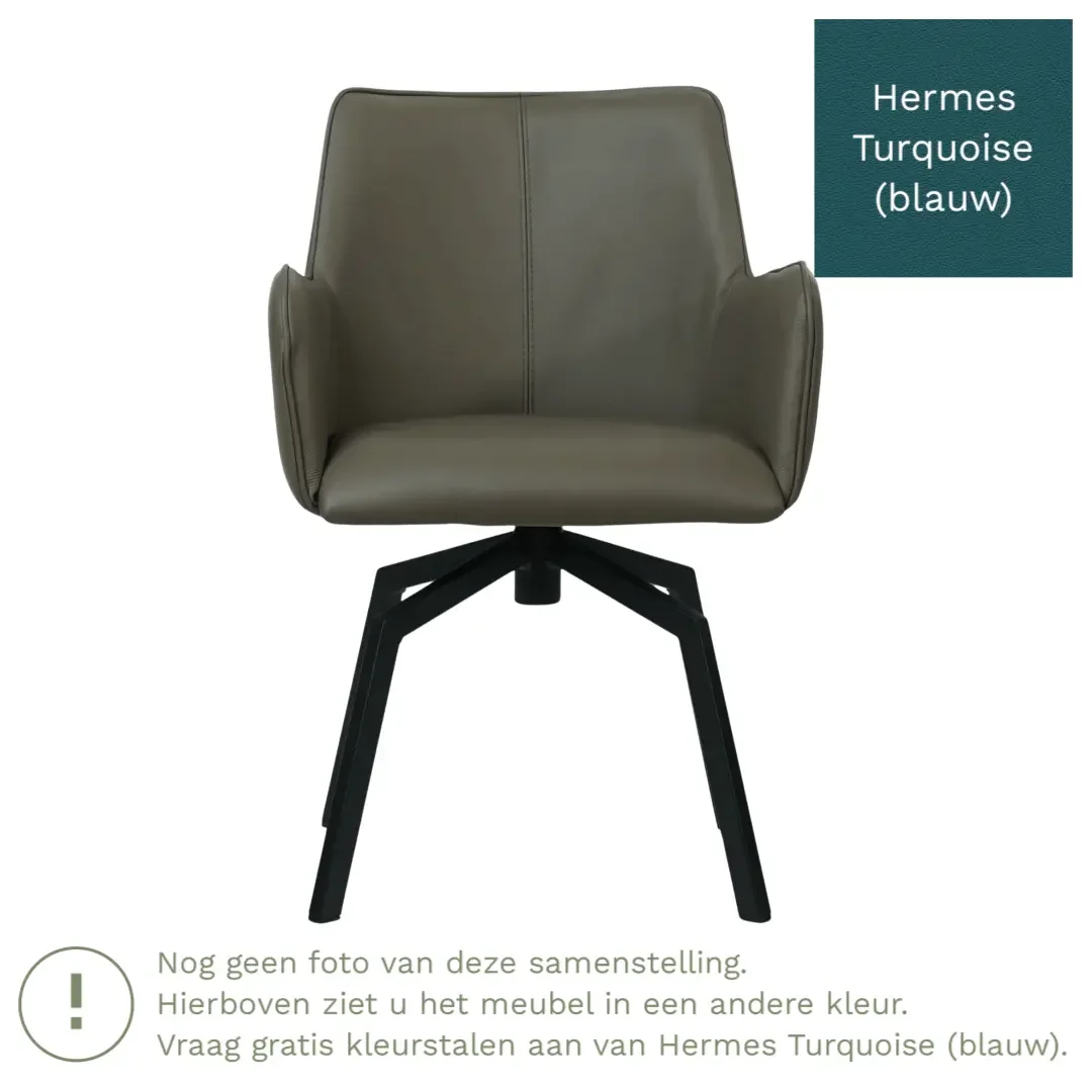 afbeelding van Leren draaibare eetkamerstoel Jazz - Hermes Turquoise (blauw) - Spinpoot staal vierkant zwart