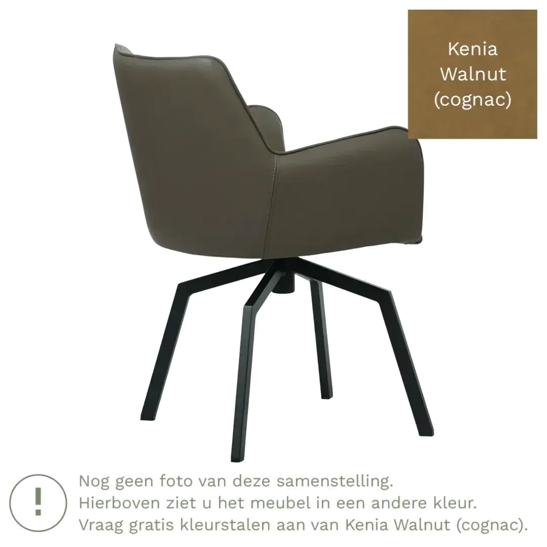 afbeelding van Leren draaibare eetkamerstoel Jazz - Kenia Walnut (cognac) - Spinpoot staal vierkant zwart