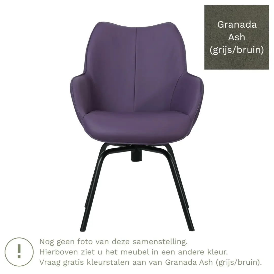 afbeelding van Leren draaibare eetkamerstoel Magic - Granada Ash (grijs/bruin) - Spinpoot staal rond zwart