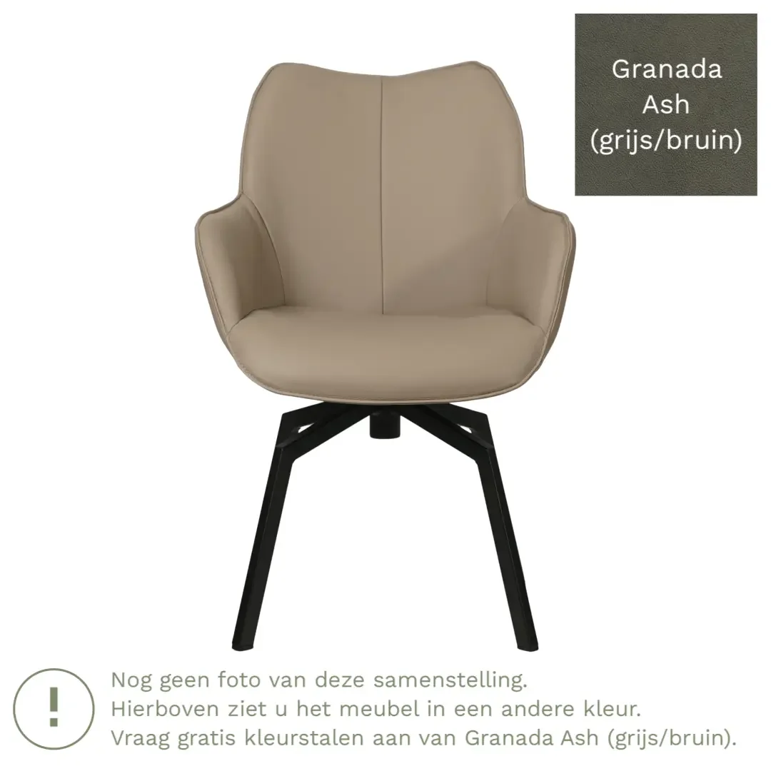 afbeelding van Leren draaibare eetkamerstoel Magic - Granada Ash (grijs/bruin) - Spinpoot staal vierkant zwart