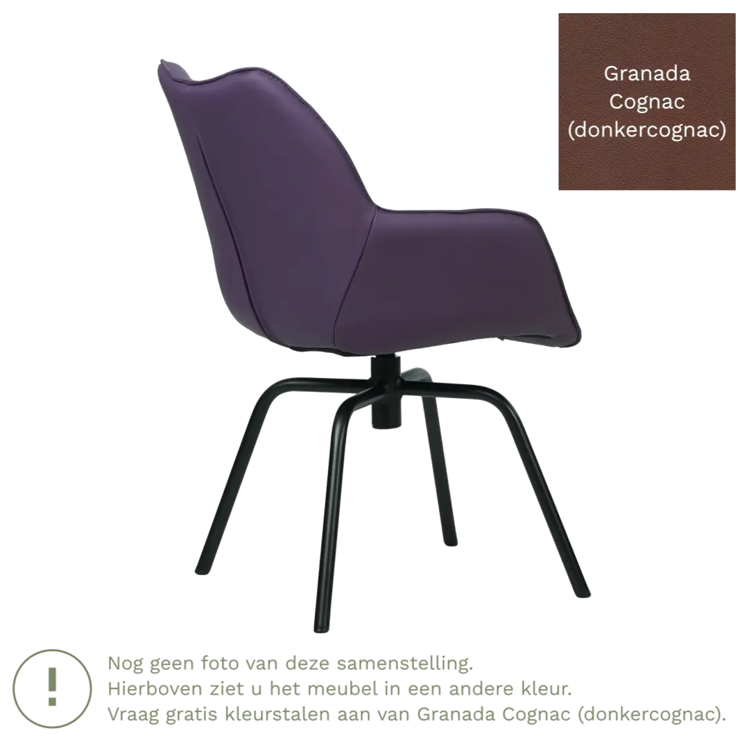 afbeelding van Leren draaibare eetkamerstoel Magic - Granada Cognac (donkercognac) - Spinpoot staal rond zwart
