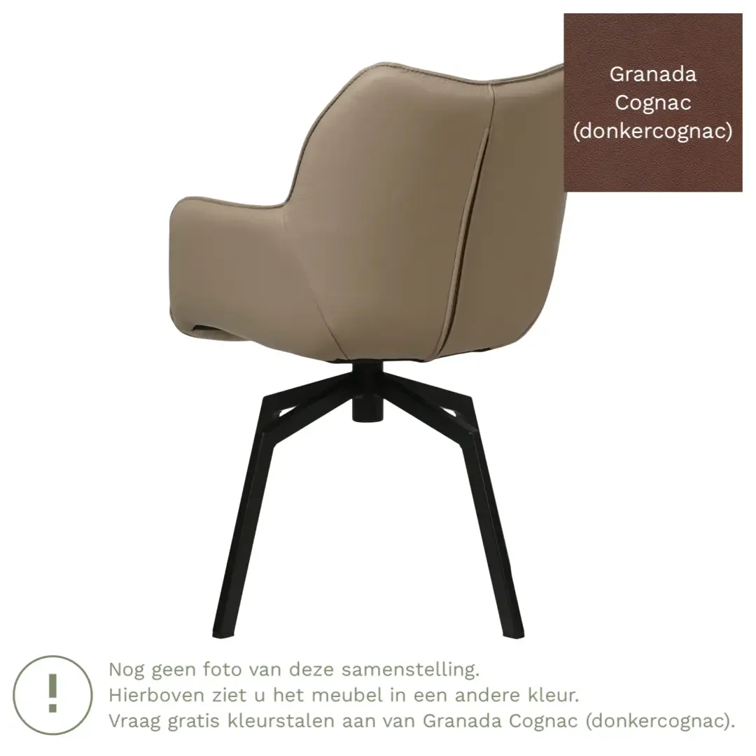 afbeelding van Leren draaibare eetkamerstoel Magic - Granada Cognac (donkercognac) - Spinpoot staal vierkant zwart