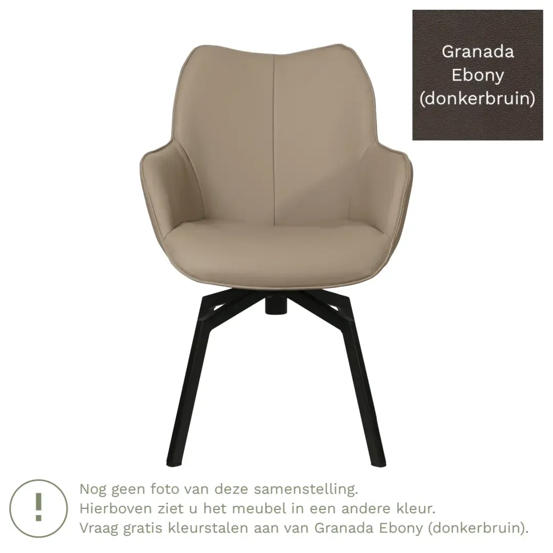 afbeelding van Leren draaibare eetkamerstoel Magic - Granada Ebony (donkerbruin) - Spinpoot staal vierkant zwart