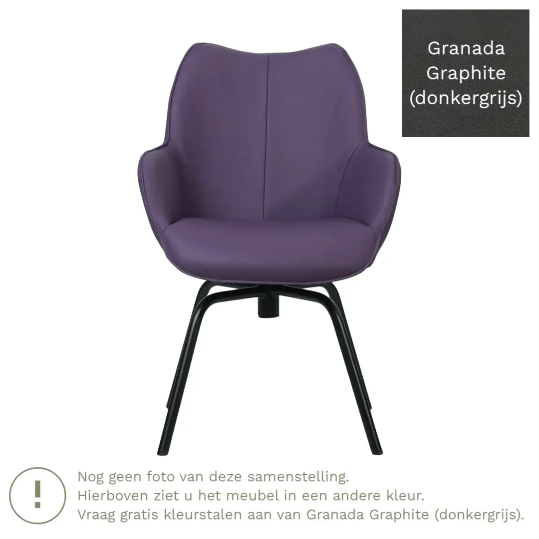 afbeelding van Leren draaibare eetkamerstoel Magic - Granada Graphite (donkergrijs) - Spinpoot staal rond zwart