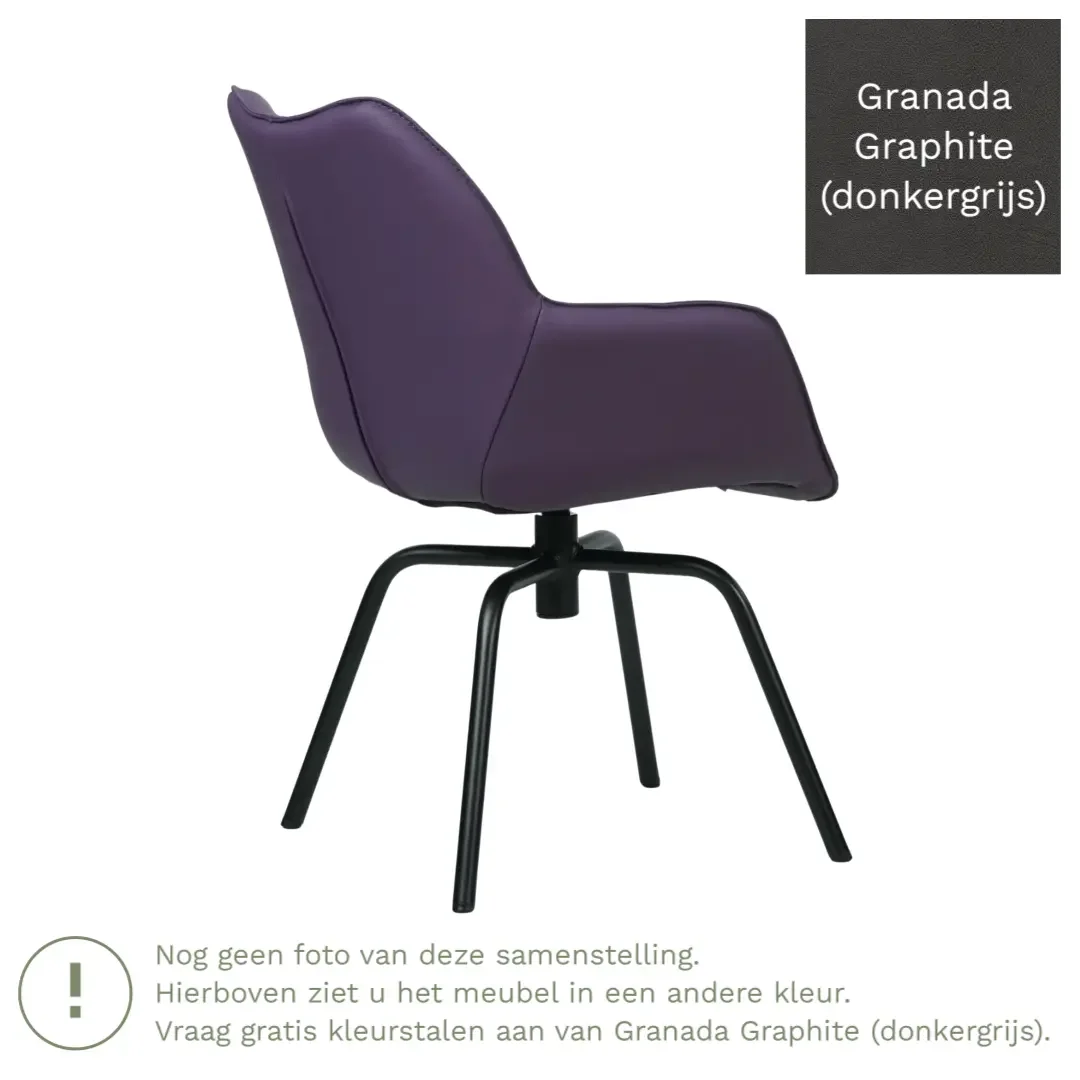 afbeelding van Leren draaibare eetkamerstoel Magic - Granada Graphite (donkergrijs) - Spinpoot staal rond zwart